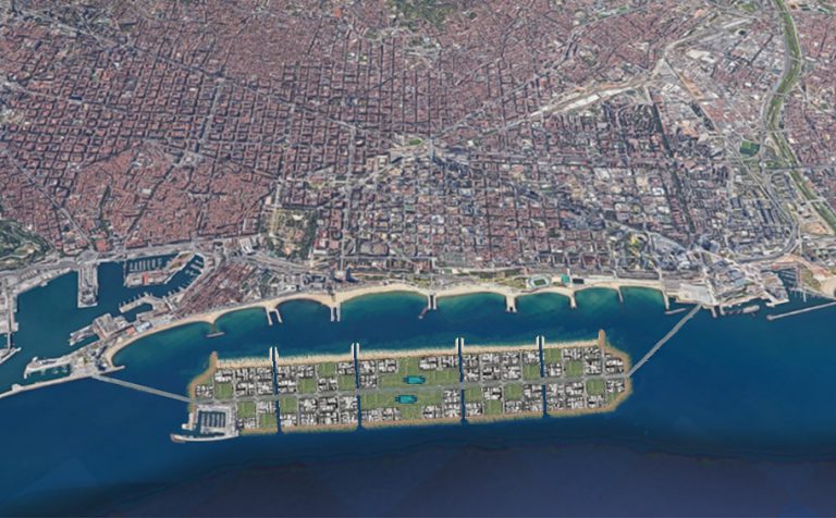Una propuesta especulativa de un ensanche flotante en la costa de Barcelona.