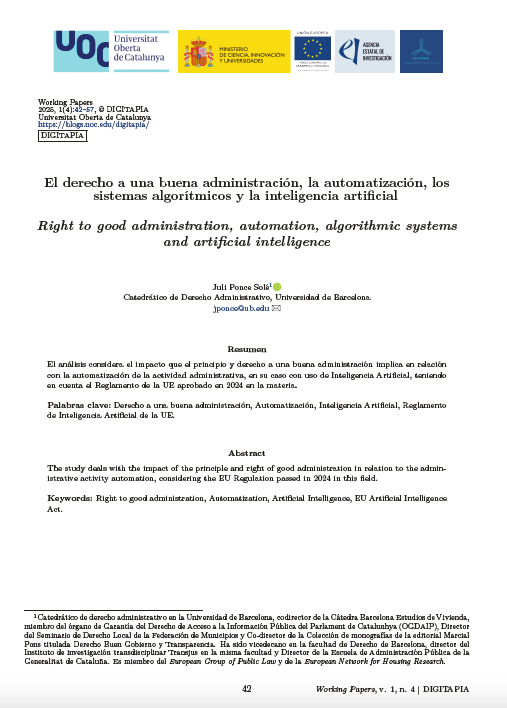 Working Paper: El derecho a una buena administración, la automatización, los sistemas algorítmicos y la inteligencia artificial