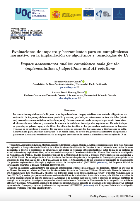 Working Paper: Evaluaciones de impacto y herramientas para su cumplimiento normativo en la implantación de algoritmos y tecnologías de IA