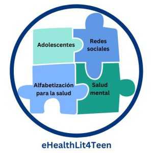 Puzle con los elemenos clave del projecto eHealthLit4tee: Adolescentes, Redes Sociales, Alfabetización para la salud y Salud Mental.