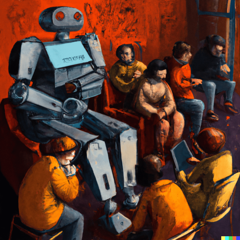 DALL·E Robots and people attending to a class, digital art