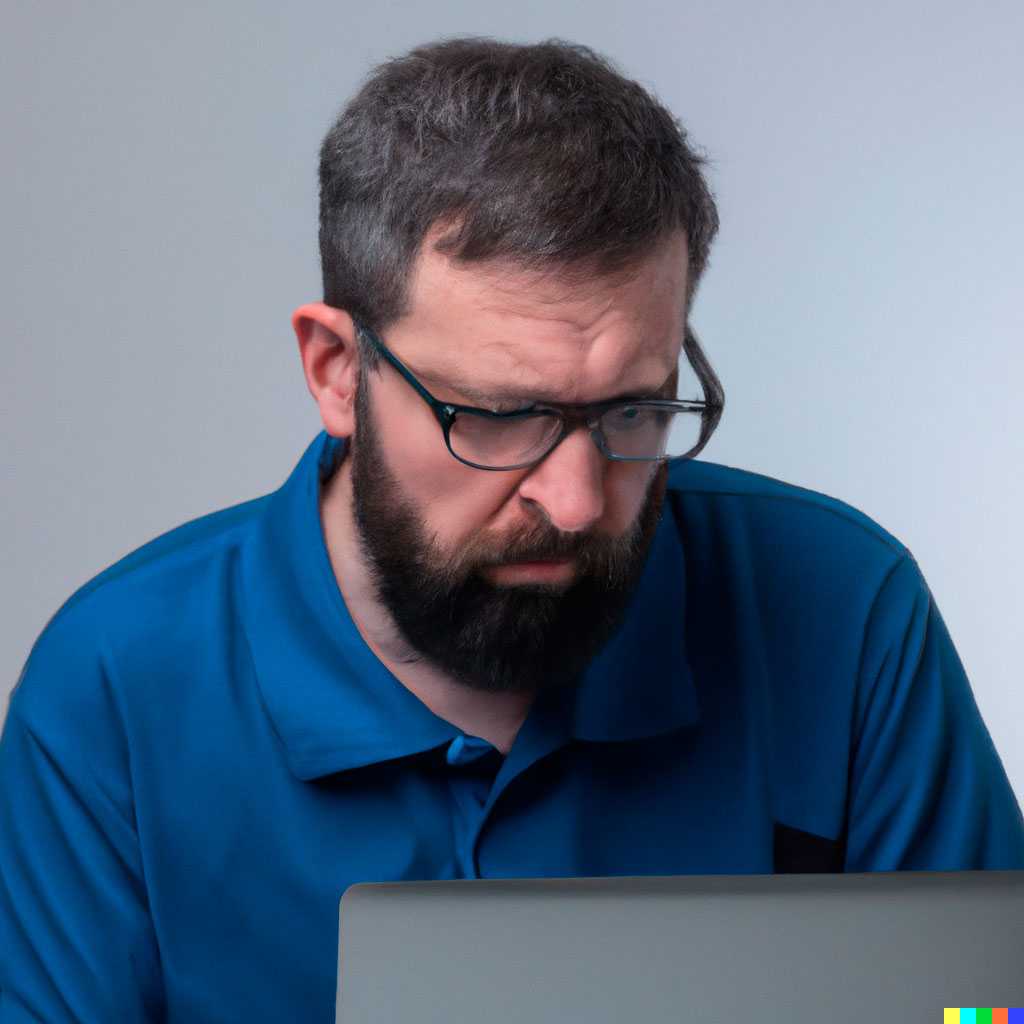 Imagen frontal de un hombre blanco, con barba y gafas de pasta negras mirando lo que podría ser la pantalla de un portátil